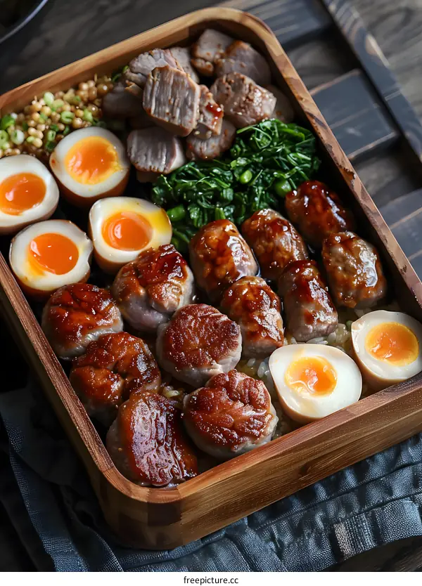Japanese Bento Box with Grilled Meat and Eggs