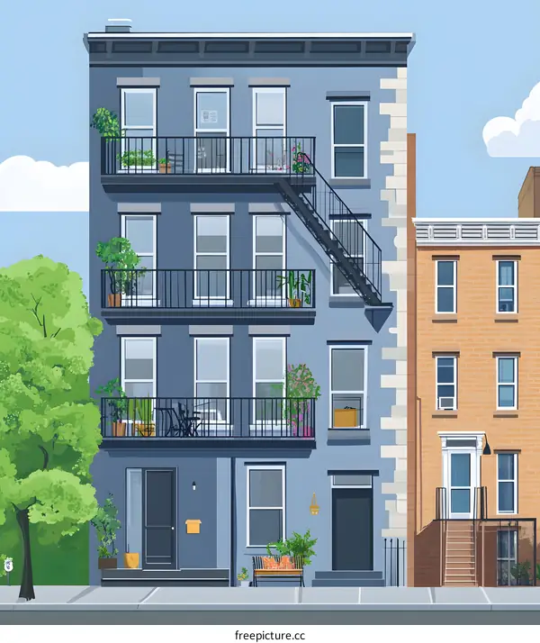 Blue and Orange Townhouses with Balconies and Fire Escapes Illustration