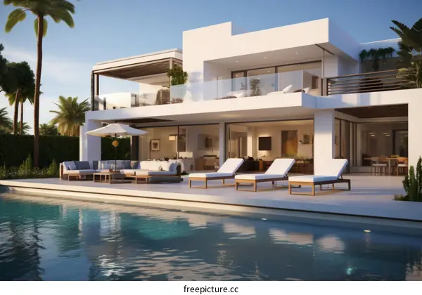 A stunning modern villa with a pool and palm trees