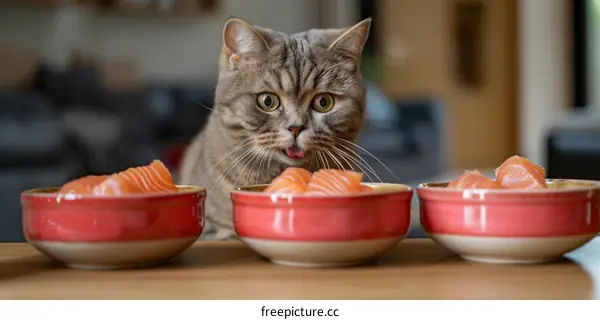 A hungry cat looking at three bowls of salmon