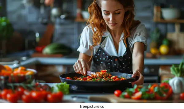 redhead woman in polka dot apron cooking in kitchen