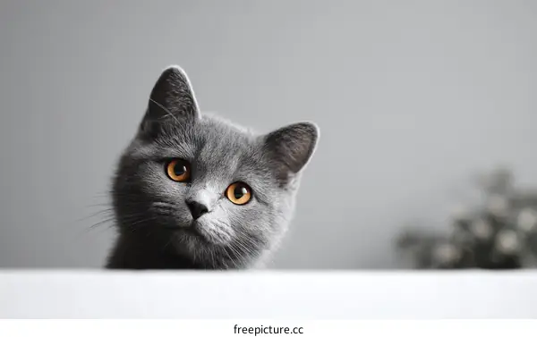 Curious Gray Cat Looking Over a White Surface