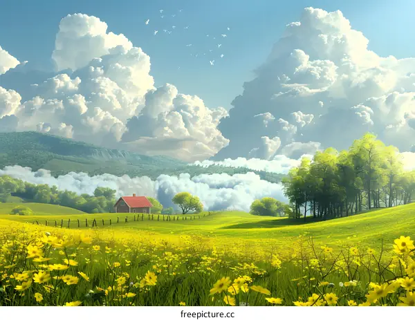 Countryside landscape with a house and yellow flowers