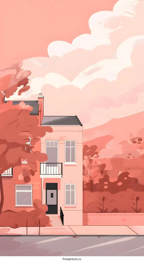 Pink House Illustration with Front Door and Windows