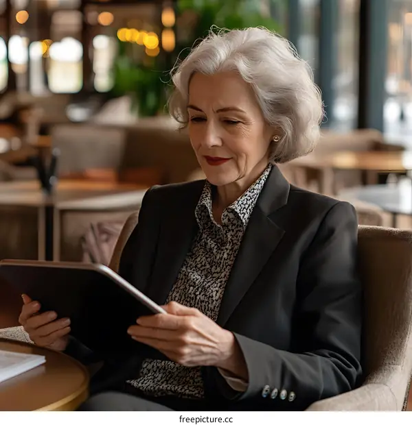 Senior Woman Using Tablet in Cafe