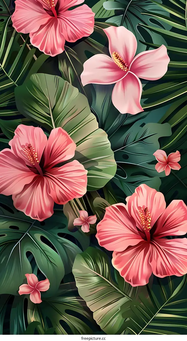 Tropical Floral Pattern with Pink Flowers and Green Leaves