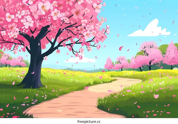 Pink Blossom Tree and Path in Spring Landscape Illustration