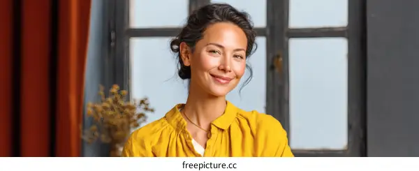 Smiling Woman in a Yellow Shirt Indoor Portrait