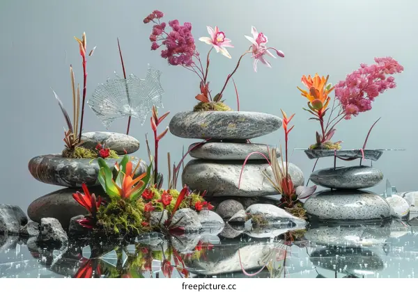Still life with stones, flowers and water