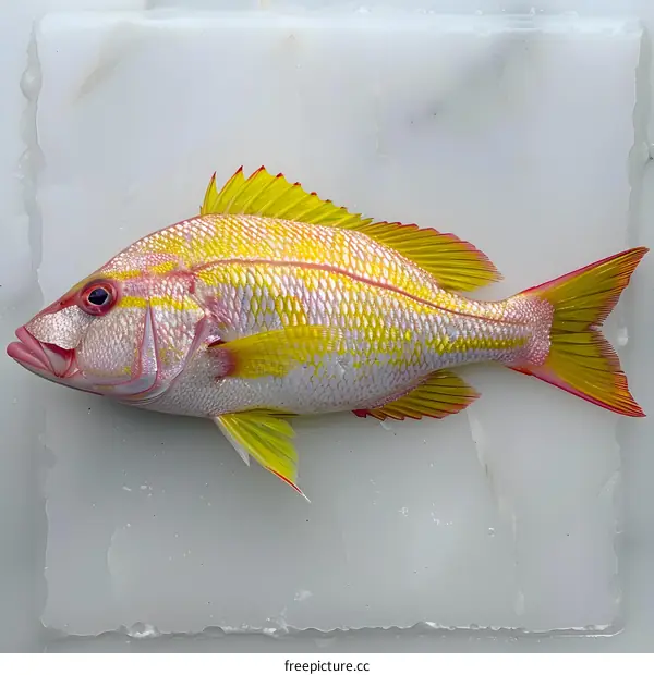 A yellow fish with red fins lies on a white marble slab
