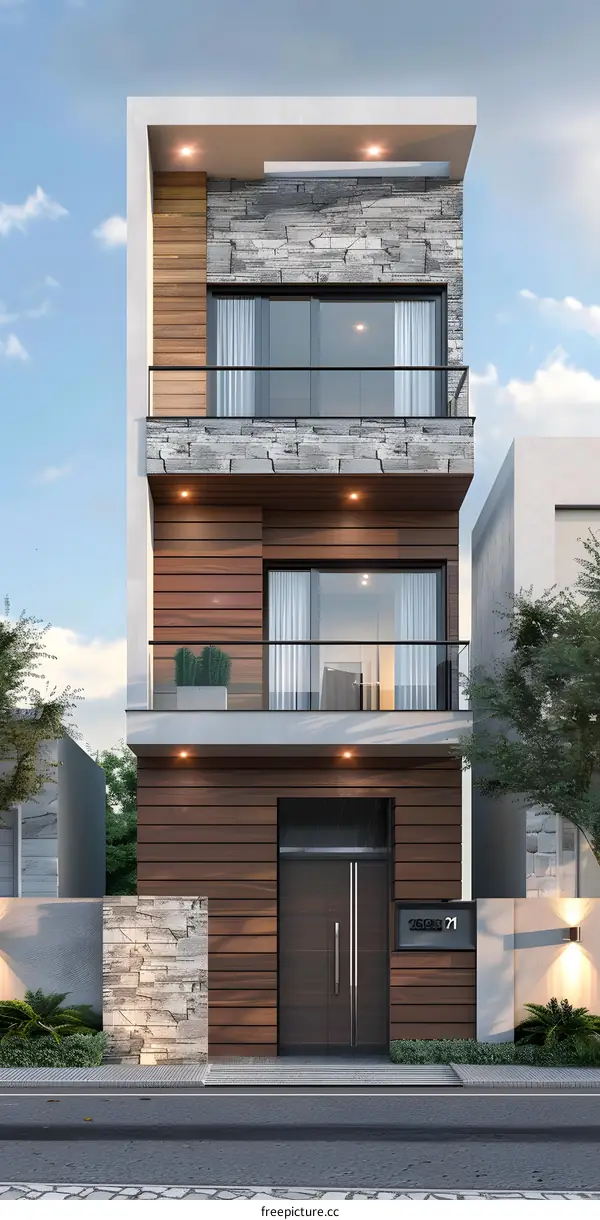 Modern House Exterior Design with Stone and Wood Facade