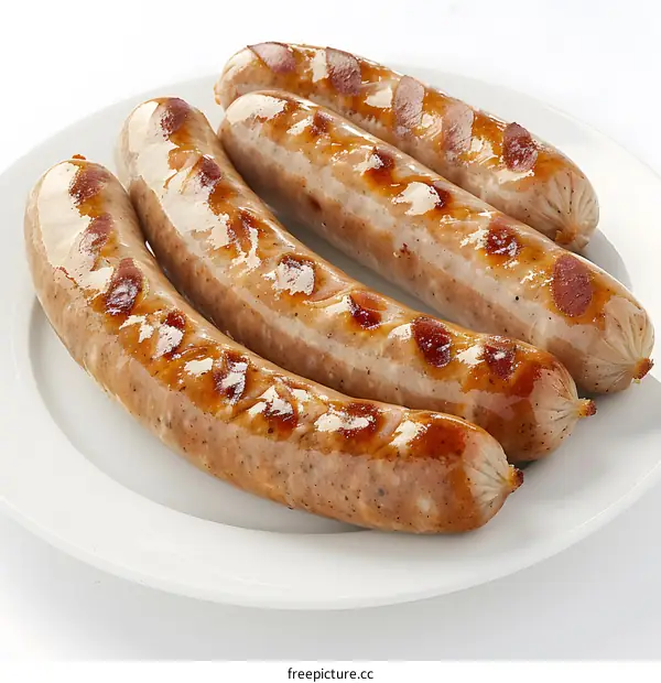 Four grilled sausages on a white plate