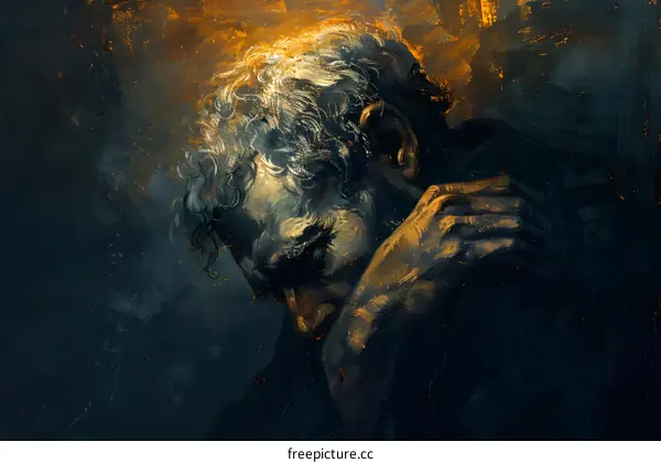 A portrait of a man with curly hair and a beard, wearing a dark shirt, holding his head in his hands, with a dark background.