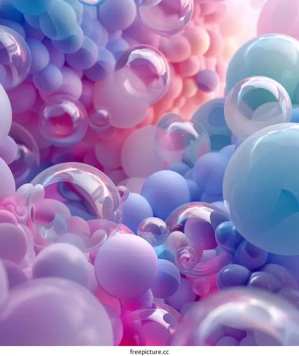 Pastel Color 3D Render of a Bunch of Glossy and Transparent Spheres