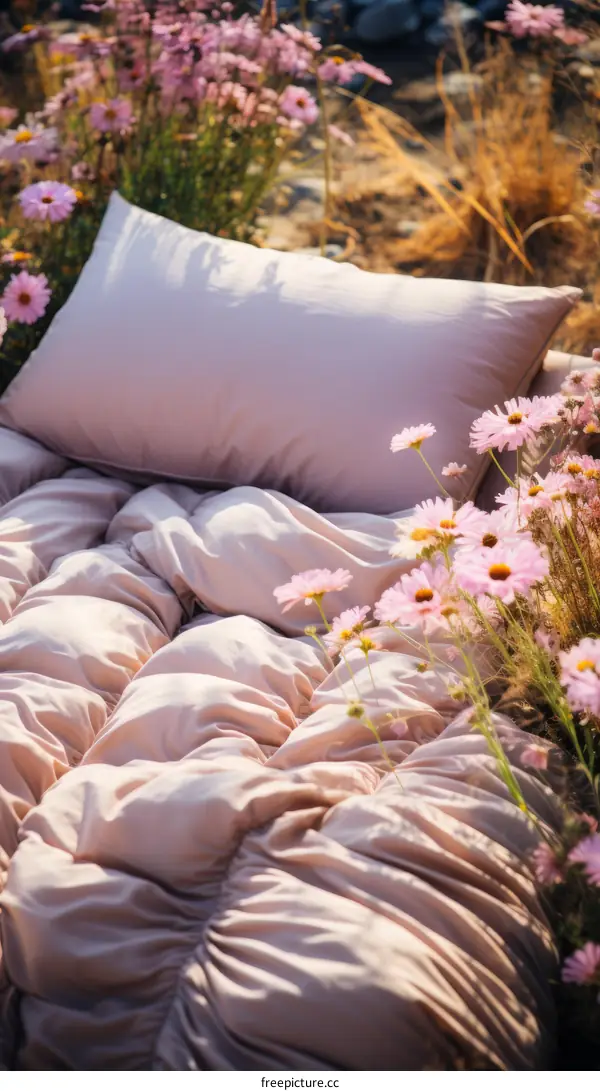 Cozy Bedding in a Field of Flowers: Tranquility and Comfort