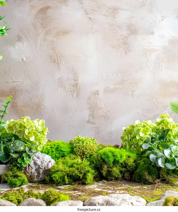 Green Moss and Stone Background with Copy Space