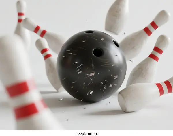 Black bowling ball colliding with white pins in studio setting