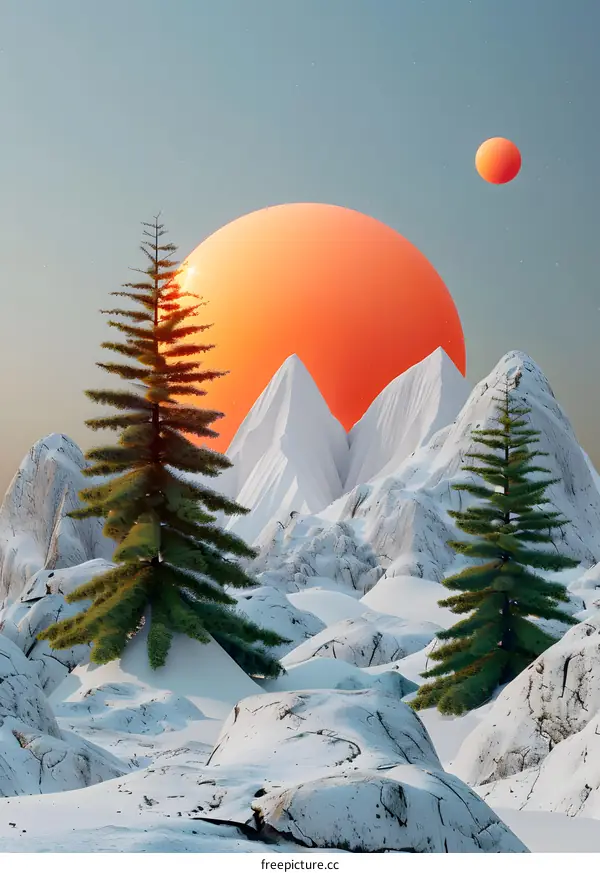 Abstract Surreal Landscape with Snow Capped Mountains and a Giant Orange Sun