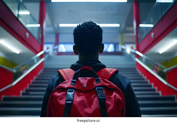 African American Student With Backpack Looking Up Stairs in University Hall