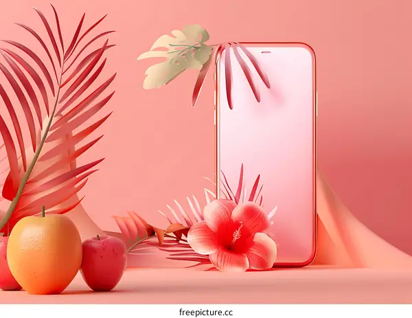 Mobile Phone Mockup With Tropical Leaves
