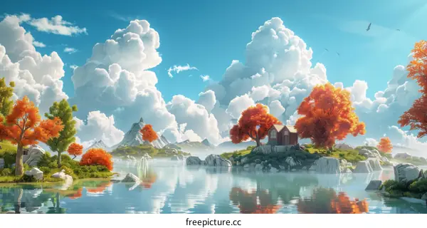 Magical Autumn Island Landscape Illustration