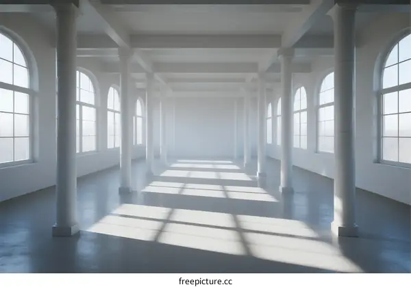 Empty Modern Building Hall with Arched Windows and Columns