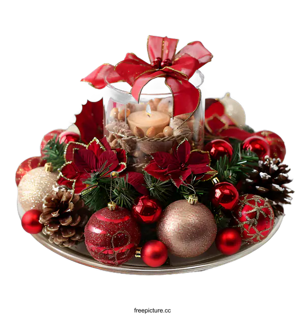 [Transparent Background PNG]Red and Gold Christmas Centerpiece with Candle