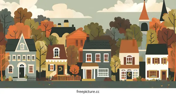 Autumn Village Scene with Colorful Houses and Trees