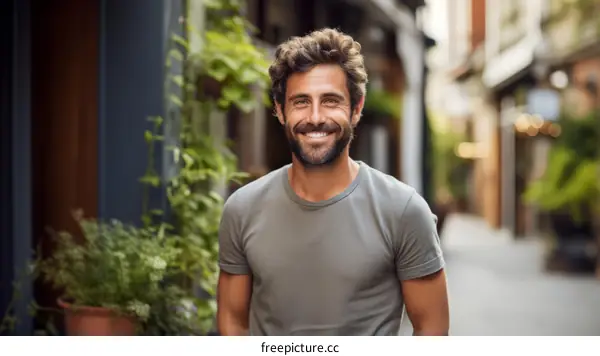 Portrait of a smiling man with beard wearing a gray t-shirt