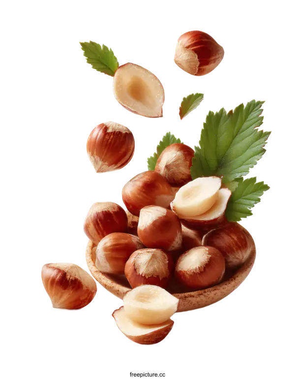 [Transparent Background PNG]Hazelnuts in a Wooden Bowl with Leaves