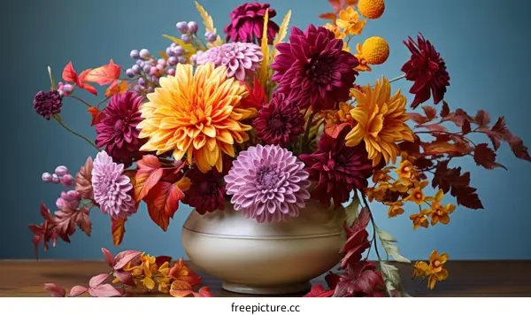 An arrangement of colorful dahlia flowers in a vase