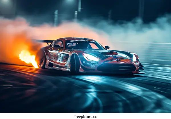 Mercedes Benz race car drifting on a track at night