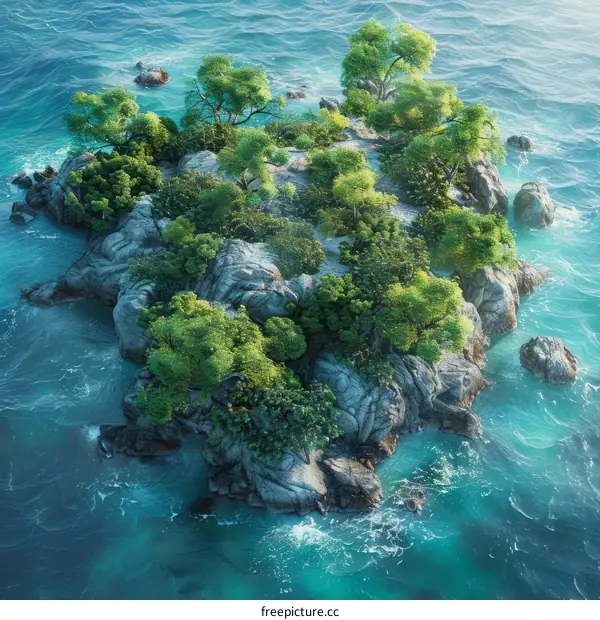 Rocky Island in Ocean with Green Trees