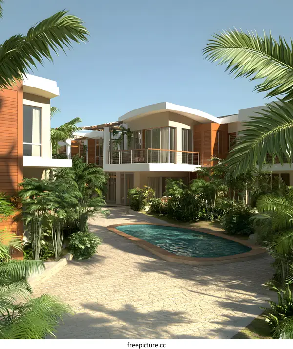 Tropical Villa with Swimming Pool and Palm Trees