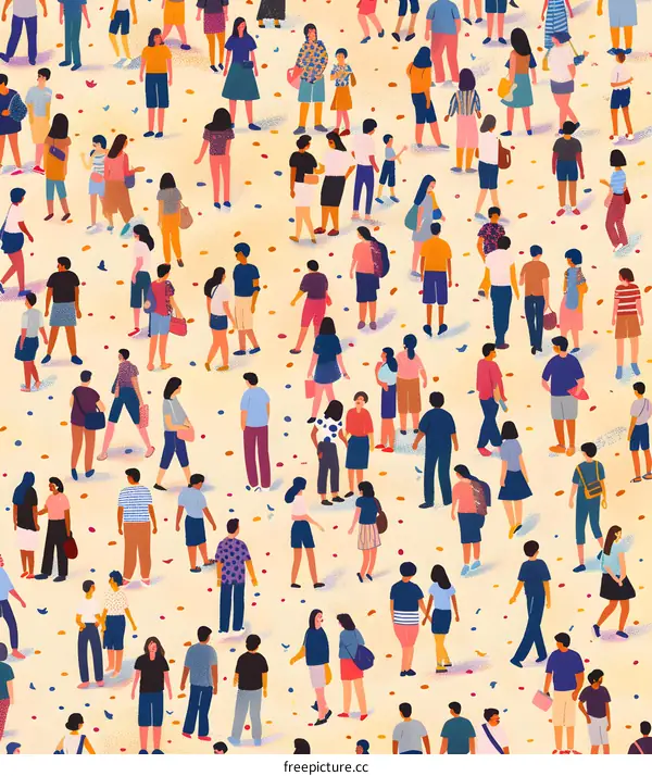 Colorful Illustration of a Diverse Crowd of People Walking in a City Street