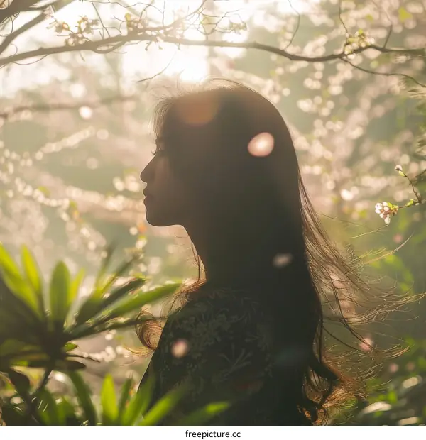 The silhouette of a woman standing in a garden with cherry blossoms