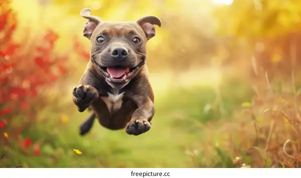 A happy brown dog is running in mid-air in a field with a blurry background