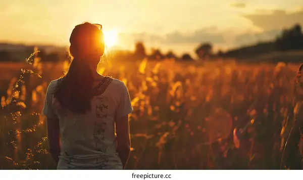 Woman Standing in Field at Sunset Looking at the Sun