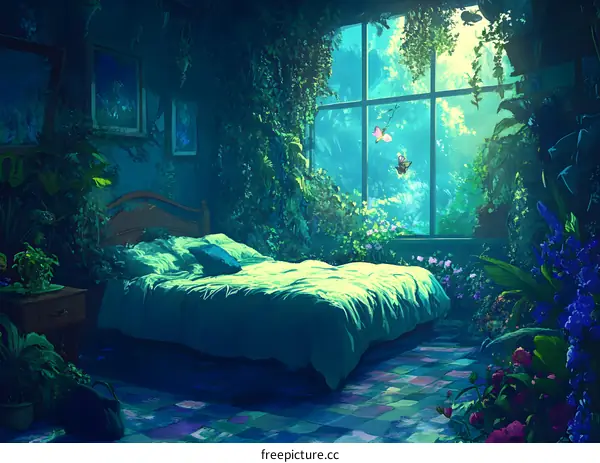 Green Bedroom With Window View of Nature