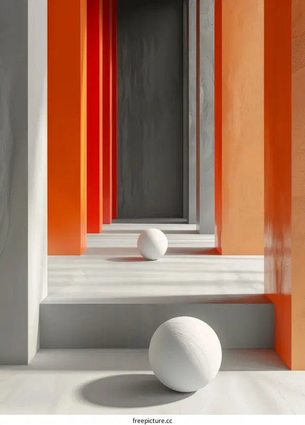 Orange and gray concrete room with three white spheres