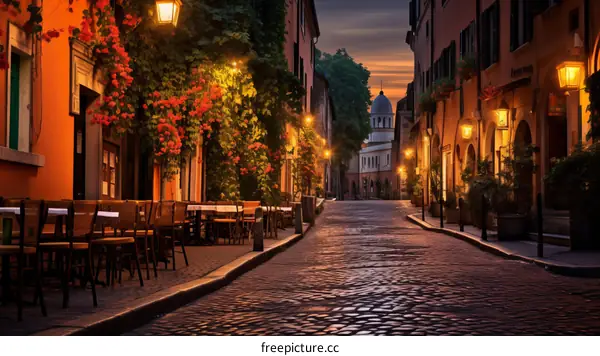 Charming cobblestone street in Rome, Italy