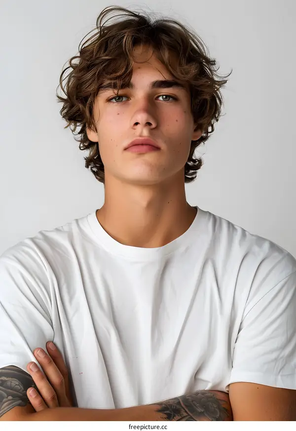 Portrait of a young man with brown hair and green eyes