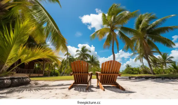 Two wooden chairs sit on a beach with palm trees and blue water in the background