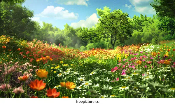 Colorful Wildflowers Meadow in a Lush Green Forest