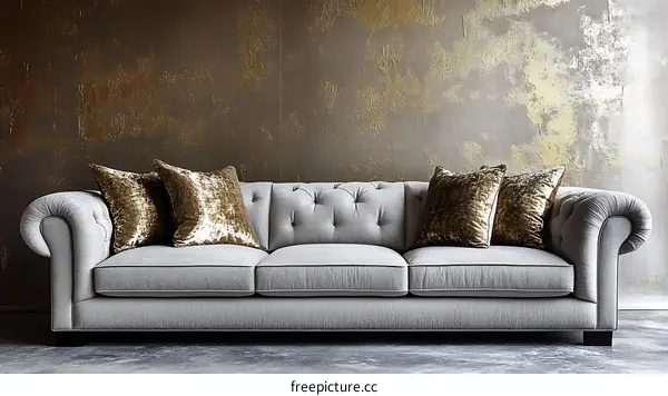 Gray Chesterfield Sofa with Gold Velvet Pillows