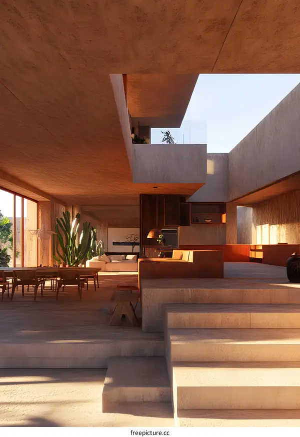 Modern Interior Design With Open Space And Concrete Walls