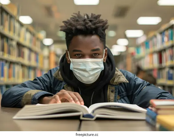 Young African American student wearing a mask and studying in a library