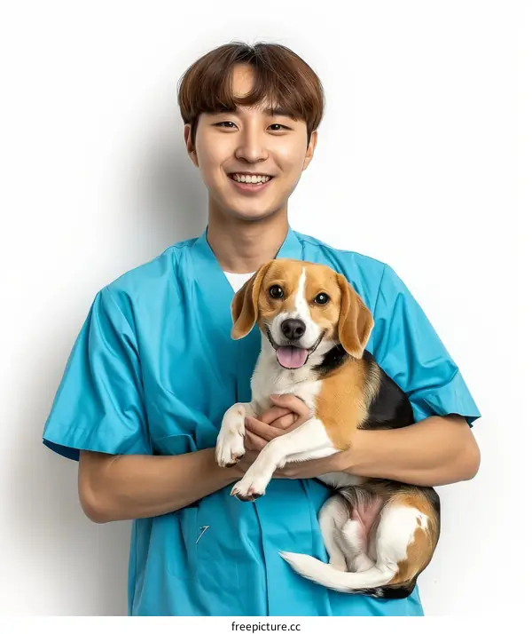 A smiling veterinarian holding a beagle