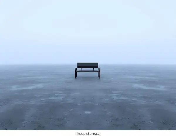 Lonely Bench in Foggy Landscape