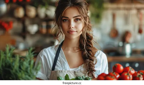 Portrait of a beautiful young woman in a kitchen